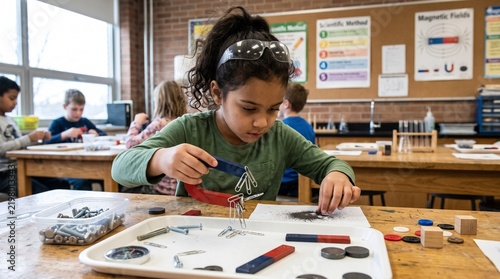 Elementary Student Experimenting with Magnets in Science Class