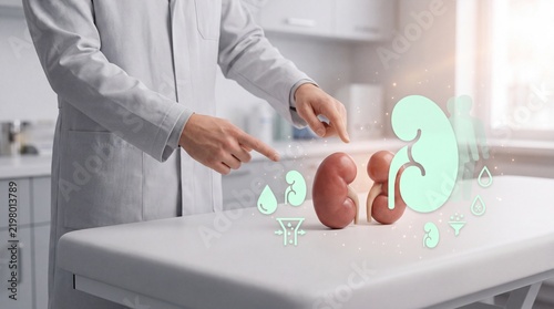 Doctor pointing at three dimensional human kidney models on a table in a medical office