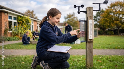 School Girl Measuring Rain and Temperature at Weather Station
