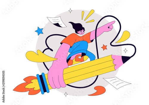 Pencil Vector Illustration featuring Creative Student Holding a Giant Pencil, Drawing Supplies, School Ideas, and Colorful Educational Artwork