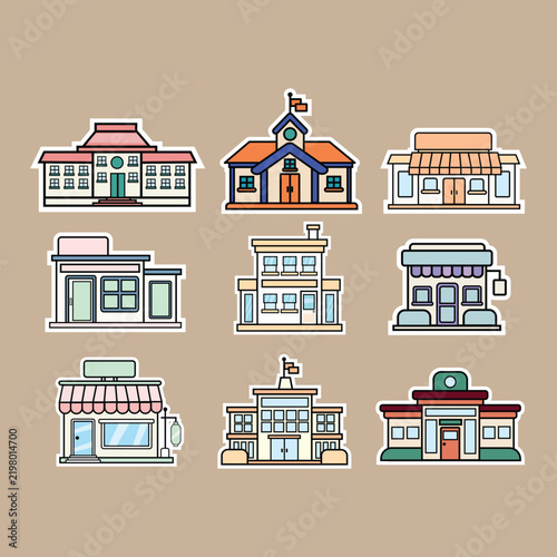 Cute variety of buildings and shops stickers bundle vector