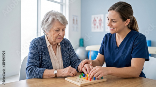 Senior woman concentrating on cognitive exercise with therapist in rehabilitation clinic for geriatric care websites, mental health blogs, and therapy articles
