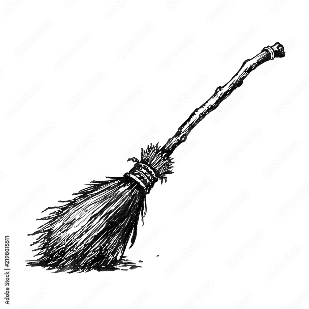 Obraz premium Vintage Halloween Witch Broomstick Doodle Illustration in Detailed Black Ink Etching and Engraving Style
