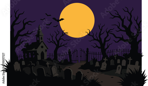 Spooky Halloween graveyard vector background with full moon, haunted chapel and bare trees