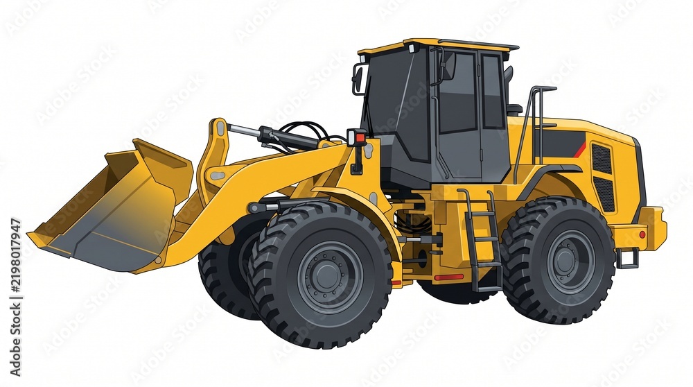 Fototapeta premium Industrial yellow front wheel loader heavy machinery vehicle for construction and earthmoving projects isolated on white background illustration