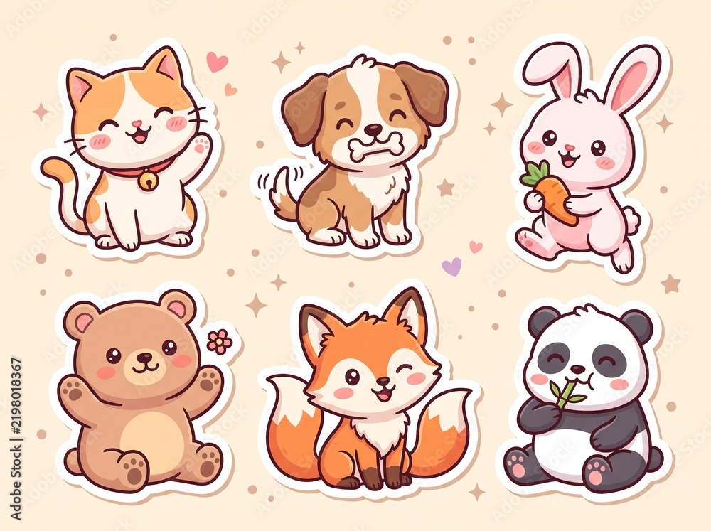 Fototapeta premium Cute cartoon animal stickers collection featuring a happy cat, playful dog, cute rabbit, sweet bear, clever fox, and adorable panda