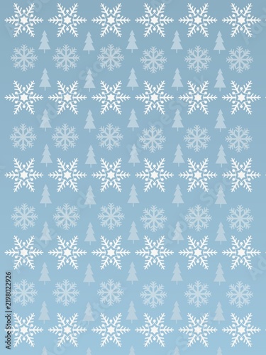 Seamless winter holiday pattern featuring white snowflakes and minimalist pine trees on a soft blue background
