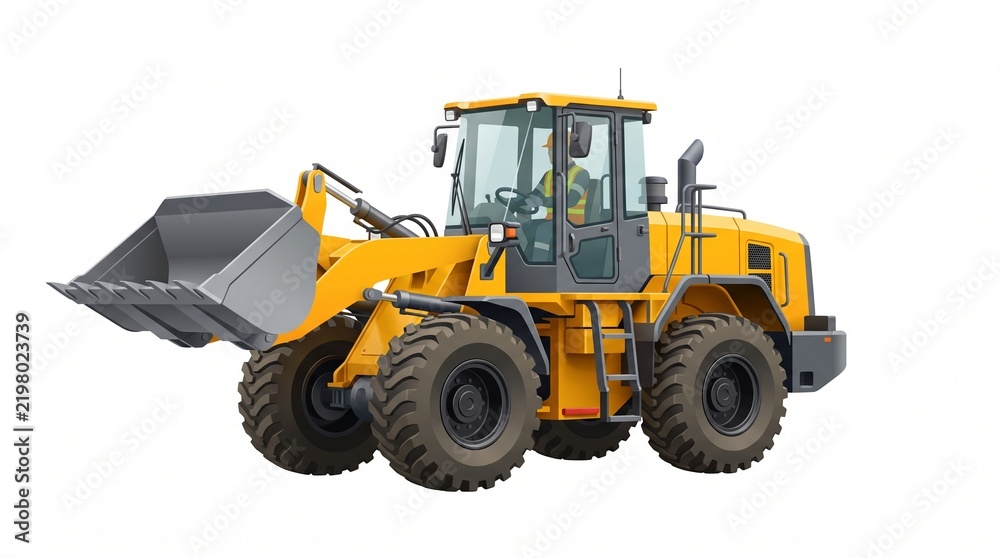 Fototapeta premium Yellow Heavy Duty Wheel Loader Construction Machinery Isolated on White Background for Industrial Excavation Projects