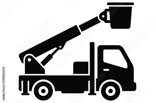 Bucket truck vehicle silhouette icon for construction work with utility vehicle cherry picker aerial lift industrial vehicle service truck lifting vehicle boom truck crane truck maintenance