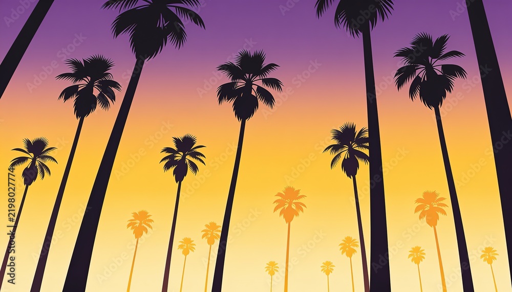 Obraz premium silhouette palm trees, tropical background, beach vibe, paradise skyline, summer vector, warm dusk, purple orange sky, low angle view, travel poster, sunset scenery