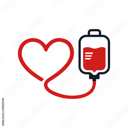 Heart connected to a blood bag icon, symbolizing blood transfusion, donation, cardiovascular care, medical treatment, healthcare services, and life saving support.