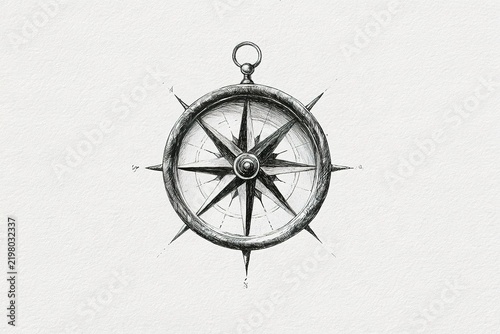 Vintage style hand drawn sketch of nautical compass on textured paper background for navigation art.