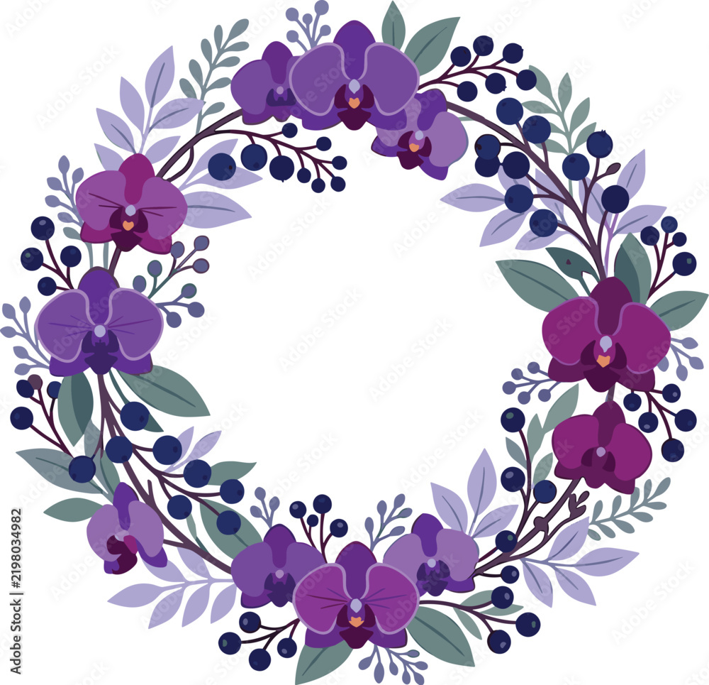 Obraz premium Purple Orchid Floral Wreath vector illustration with botanical berries and leaves for wedding stationery design
