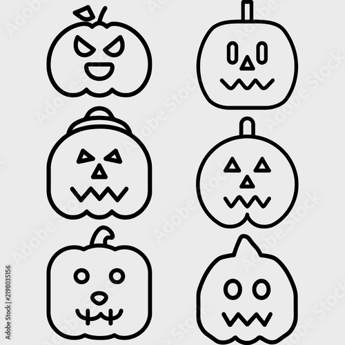 Collection of six black outline jack-o-lantern pumpkin icons with various spooky faces.