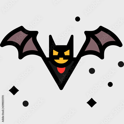 Color line icon of a cartoon Halloween bat flying with spread purple wings and glowing yellow eyes.