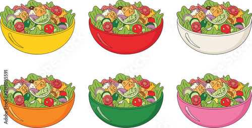 Fresh organic vegetable salad bowls, colorful healthy food collection, vegetarian diet meal vector illustration
