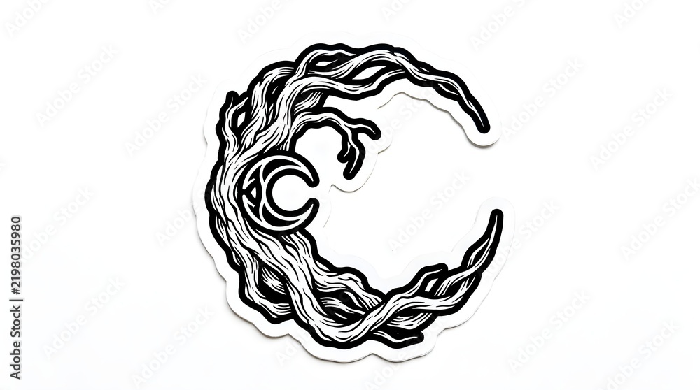 Fototapeta premium Black and white crescent moon design formed by twisted tree roots and branches illustration isolated on a white background graphic art