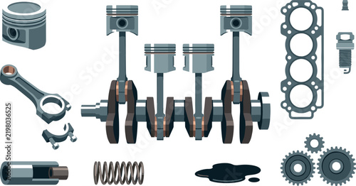 Fotografía Car Engine Internal Components Vector Set with Crankshaft Pistons Connecting Rod