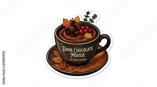 A gourmet cup of dark chocolate mousse topped with cinnamon sticks and red berries on a wooden saucer with autumn leaves isolated