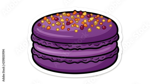 Purple macaron dessert illustration with colorful sprinkle topping isolated on plain white background for bakery and food design projects