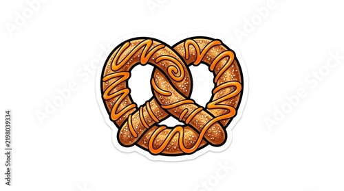 Illustration of a sweet baked cinnamon pretzel with orange sugar icing drizzle isolated on a clean white background sticker design
