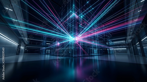 Futuristic glowing data cube with neon light beams in dark hall