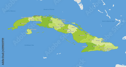 Fotografie Cuba - Detailed, modern map of the country with cities, capitals, internal territorial boundaries, and major water features
