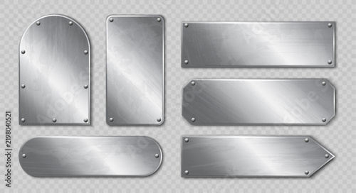 Realistic brushed steel metal plates with riveted plaque frames, blank silver banners, rounded signs, arrow labels and industrial hardware panels for signage, UI, advertising and vector template