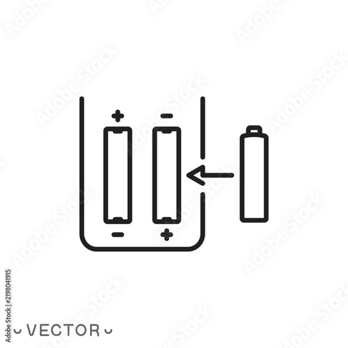install battery line icon, battery replacement, positive and negative terminals, battery insertion and power connection concept. thin line symbol  eps 10 vector illustration