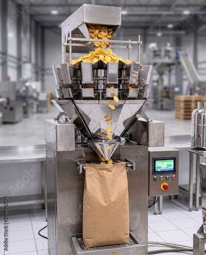 Industrial multihead scale packaging machine filling a paper bag with potato chips