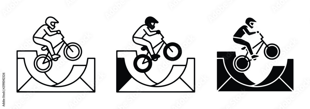 Obraz premium BMX Bike Rider Performing Tricks on Ramps, Action Sports Vector Icons