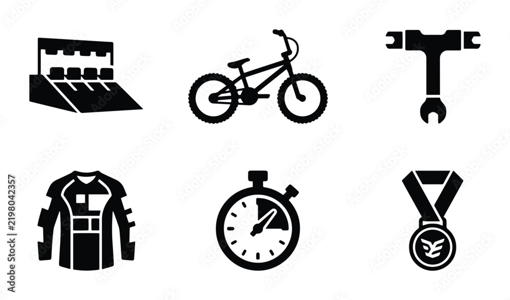 Obraz premium BMX Racing Icons: Bicycle, Ramp, Tools, Gear, Stopwatch, Medal Set