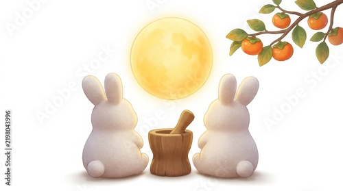 Holiday - Chuseok greeting card with cute rabbits and full moon
