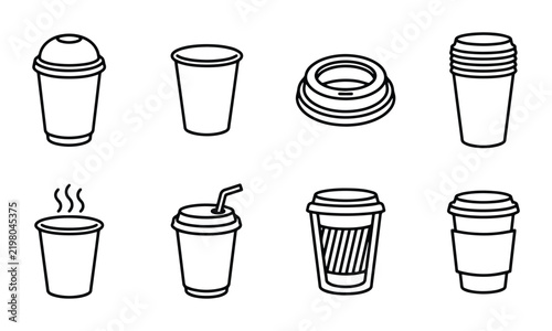 Coffee Cup Icons Set, Hot Beverage Drinkware Vector Graphics, Takeaway Container Collection
