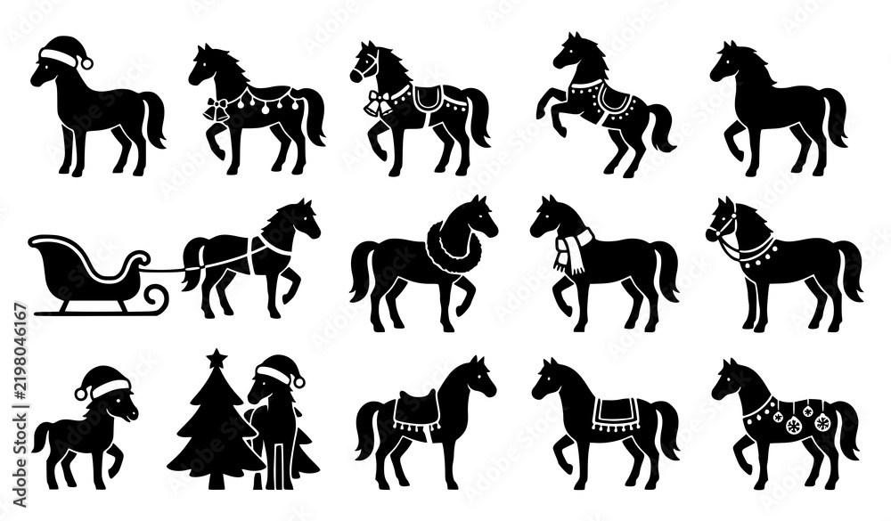 Fototapeta premium Christmas Horse Vector Collection with Santa Hats, Bells and Festive Winter Designs