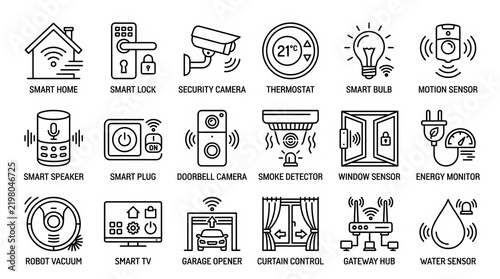 Modern smart home security and automation system icons collection.