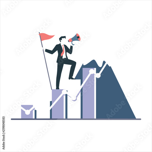 Business Leadership and Growth Concept with Entrepreneur Standing on Rising Bar Chart