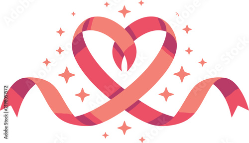 Pink breast cancer awareness ribbon shaped like a heart with sparkling stars