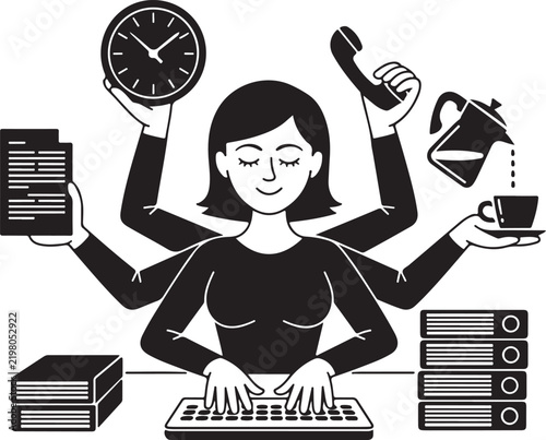 Silhouette icon depicting multitasking woman with office elements