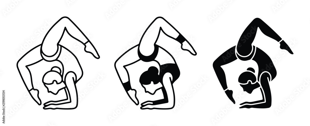 Fototapeta premium Gymnast Poses Vector Set, Artistic Figure Poses, Flexibility And Balance, Black And White Illustrations