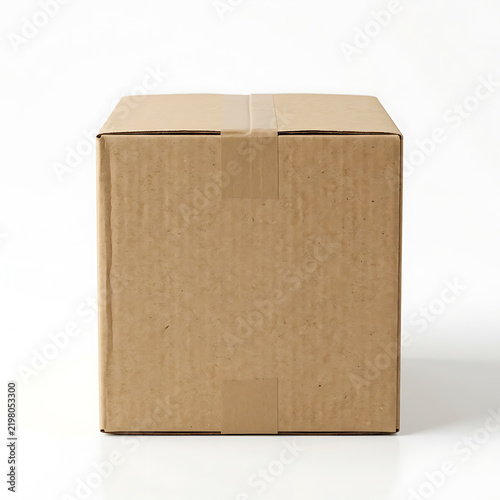 Plain brown cardboard shipping box closed and sealed with tape, isolated on a white background.