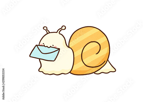 Фотография Snail moving slowly with a letter in its mouth, snail mail idiom or slow postal