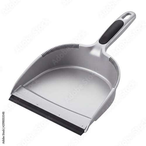 Modern plastic dustpan with rubber lip and cleaning teeth on ergonomic handle on transparent background for housekeeping janitorial sanitation and domestic hygiene chores
