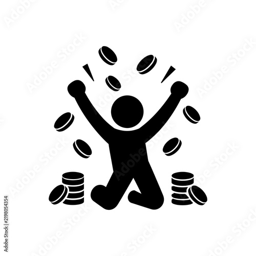 Man celebrating jackpot with flying coins icon