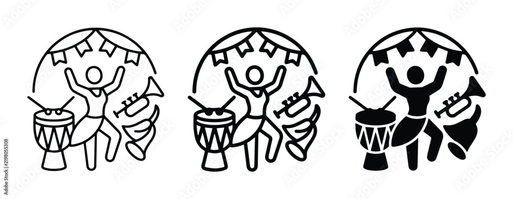 Obraz premium Carnival Celebration Icons: Dancing Figures, Drums, Trumpets, Festive Banners