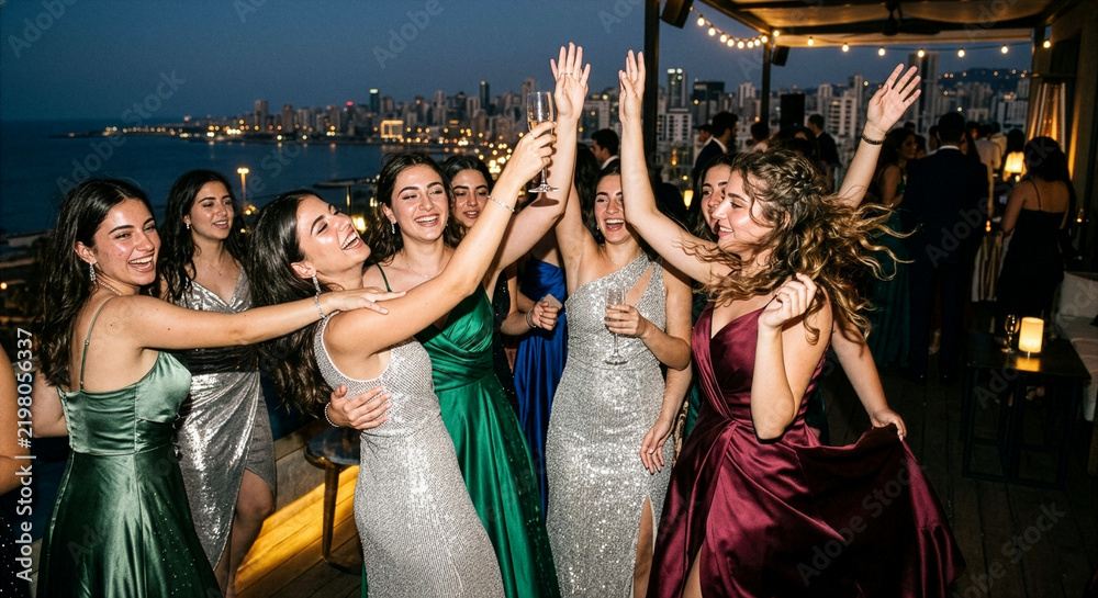 Obraz premium Lebanese girls dancing and celebrating prom night in beirut rooftop