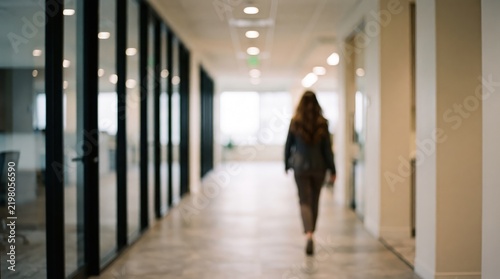 A professional woman with long dark hair walks away down a bright modern office corridor lined with glass partition walls and recessed ceiling lights, symbolizing career progression and corporate.