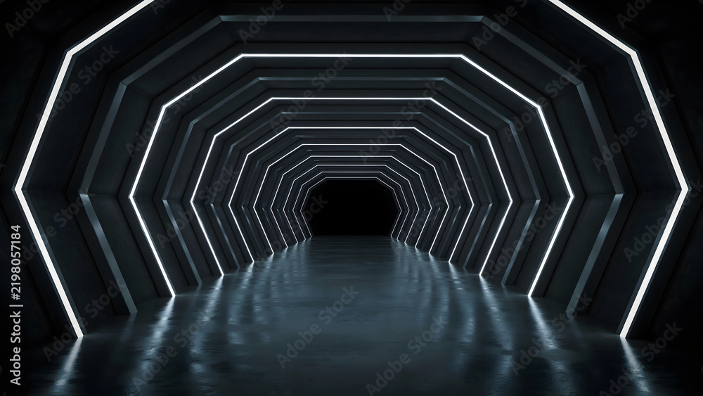 Fototapeta premium Dark futuristic tunnel with glowing white neon hexagonal light frames on the walls and a smooth reflective floor in a perspective view