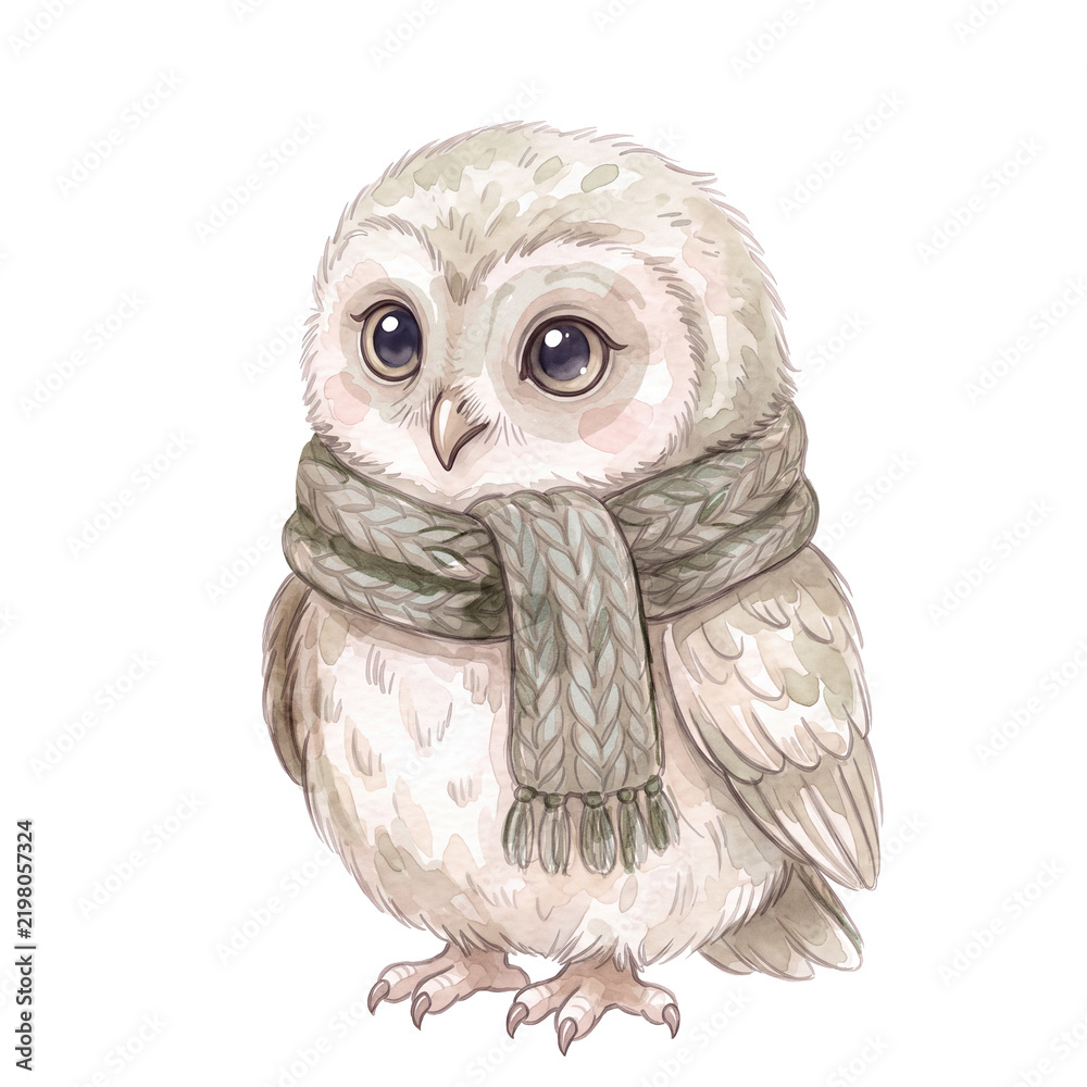 Obraz premium Watercolor Winter Woodland Animals. Owl wearing a winter scarf in Scandinavian style, beige and sage green tones.