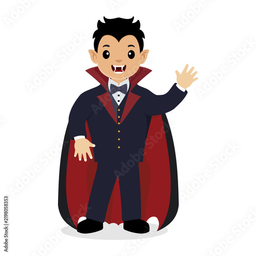 Cute Little Boy in Vampire Halloween Costume Waving Vector